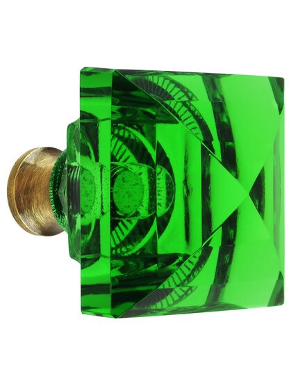 Green Square Crystal Knob with Solid Brass Base in Antique Brass.